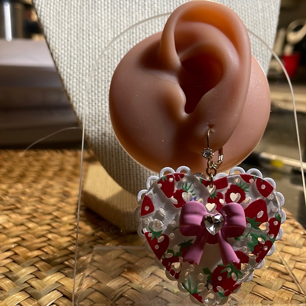 COPY - White Lace Heart with Strawberries and Flowers Dangling Earrings